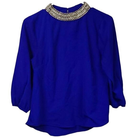 Moa Moa Cobalt Blue Crystal Gold Chain Neck Crepe Blouse Dressy Career Top Suit - Picture 9 of 9